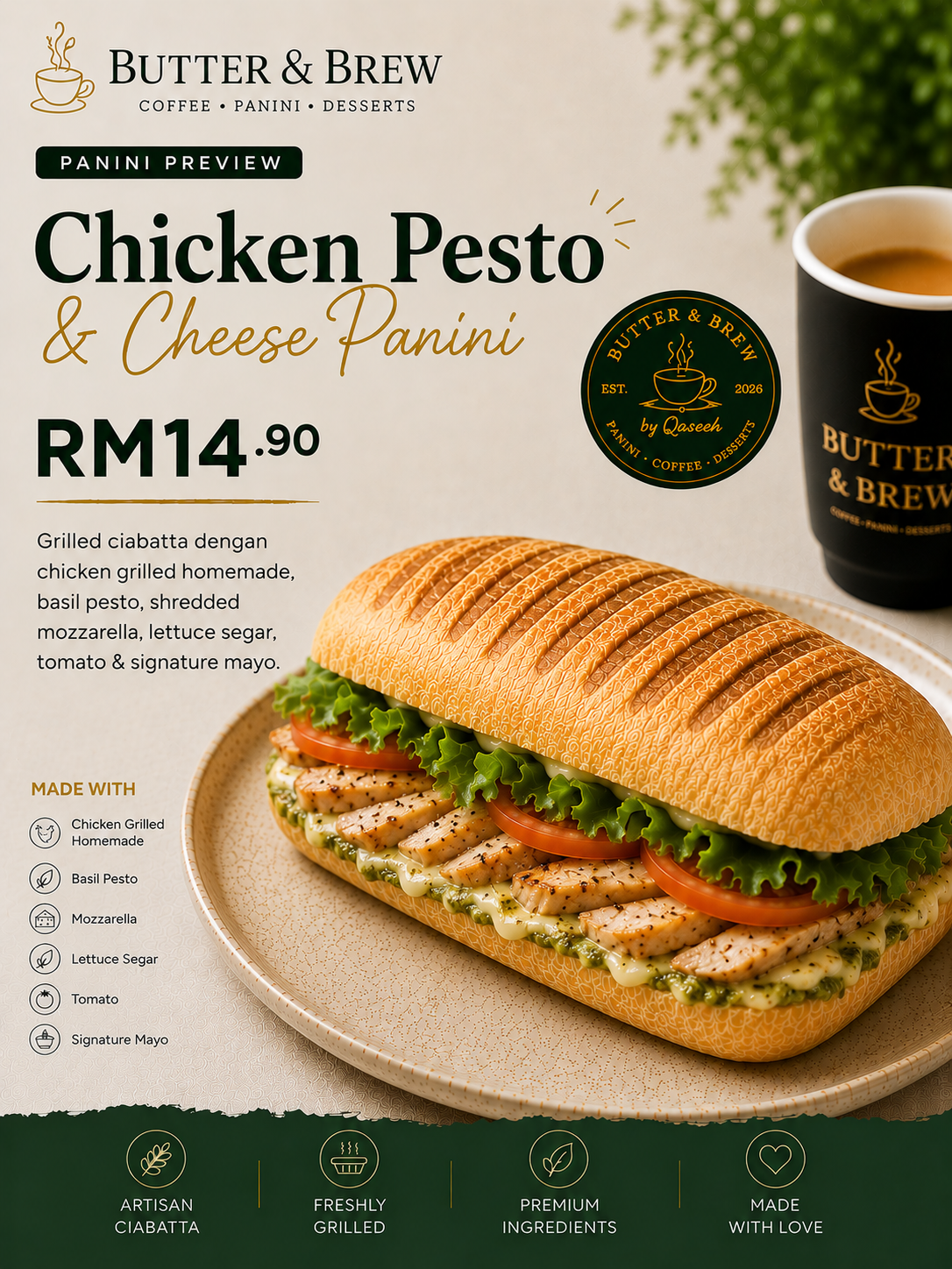 Chicken Pesto & Cheese Panini Butter & Brew